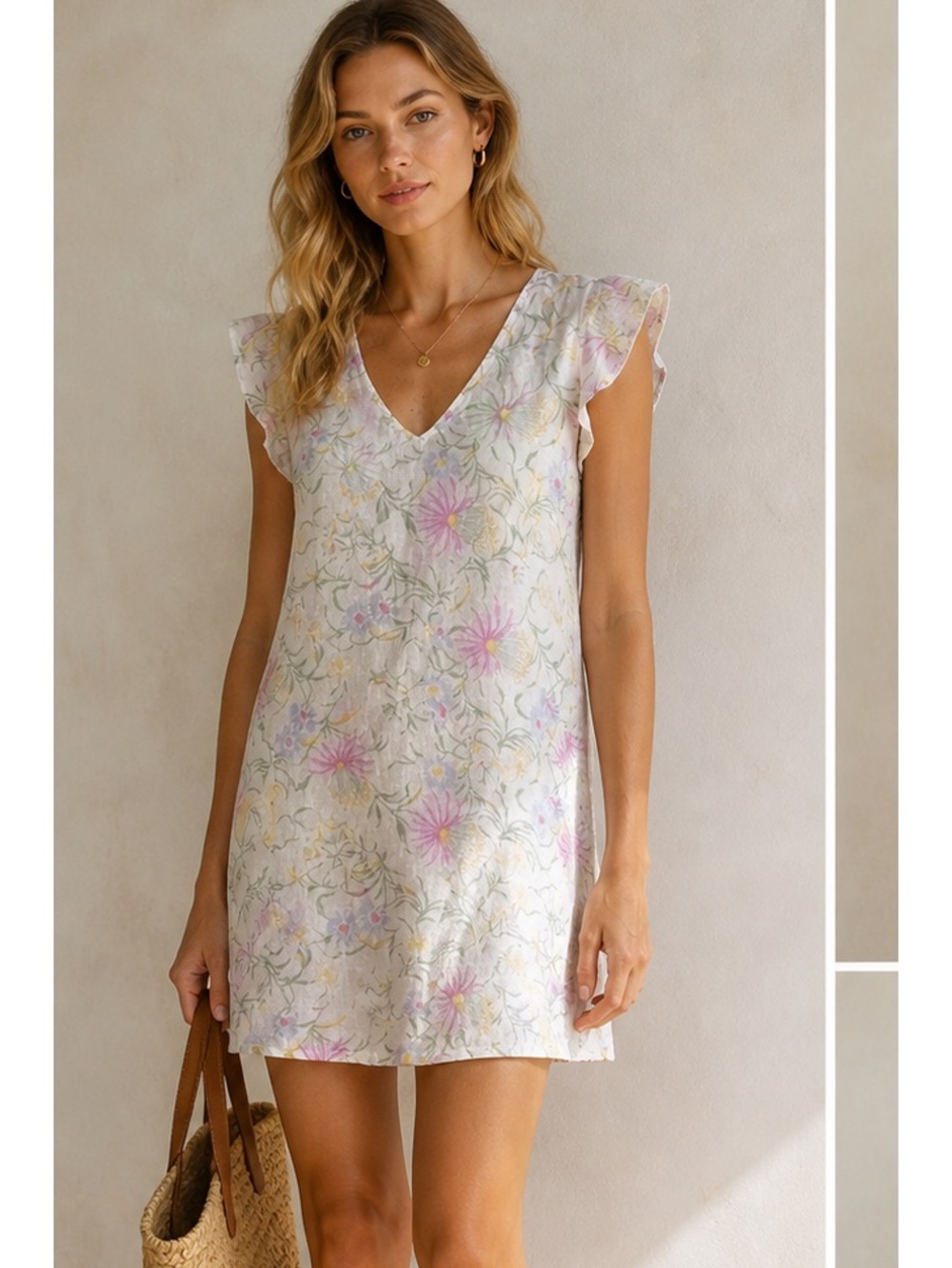 JOIE linen floral shift dress flutter sleeves Size XS